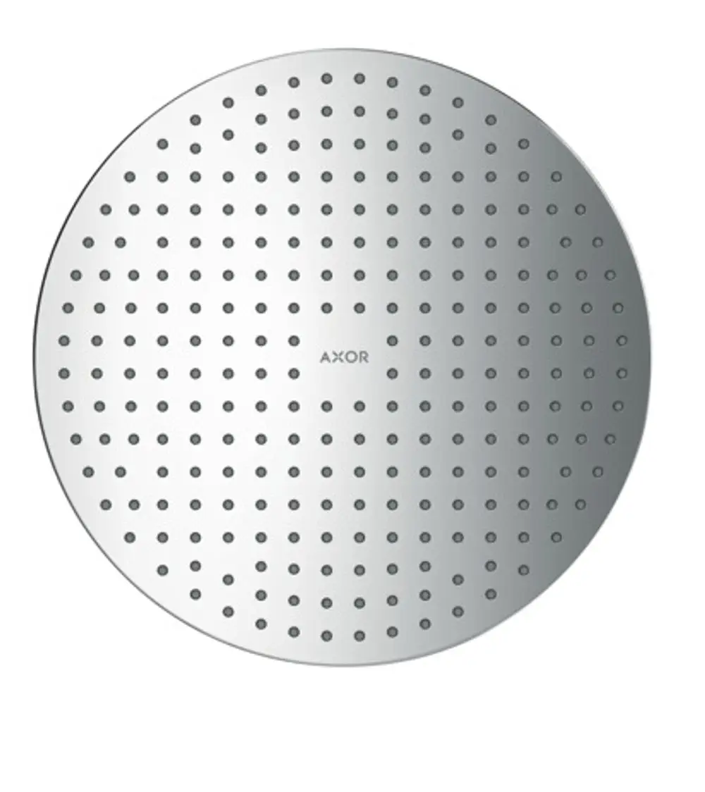 Kreisförmige Kopfbrause aus Chrom mit zahlreichen Wasseröffnungen, gekennzeichnet mit der Marke AXOR.